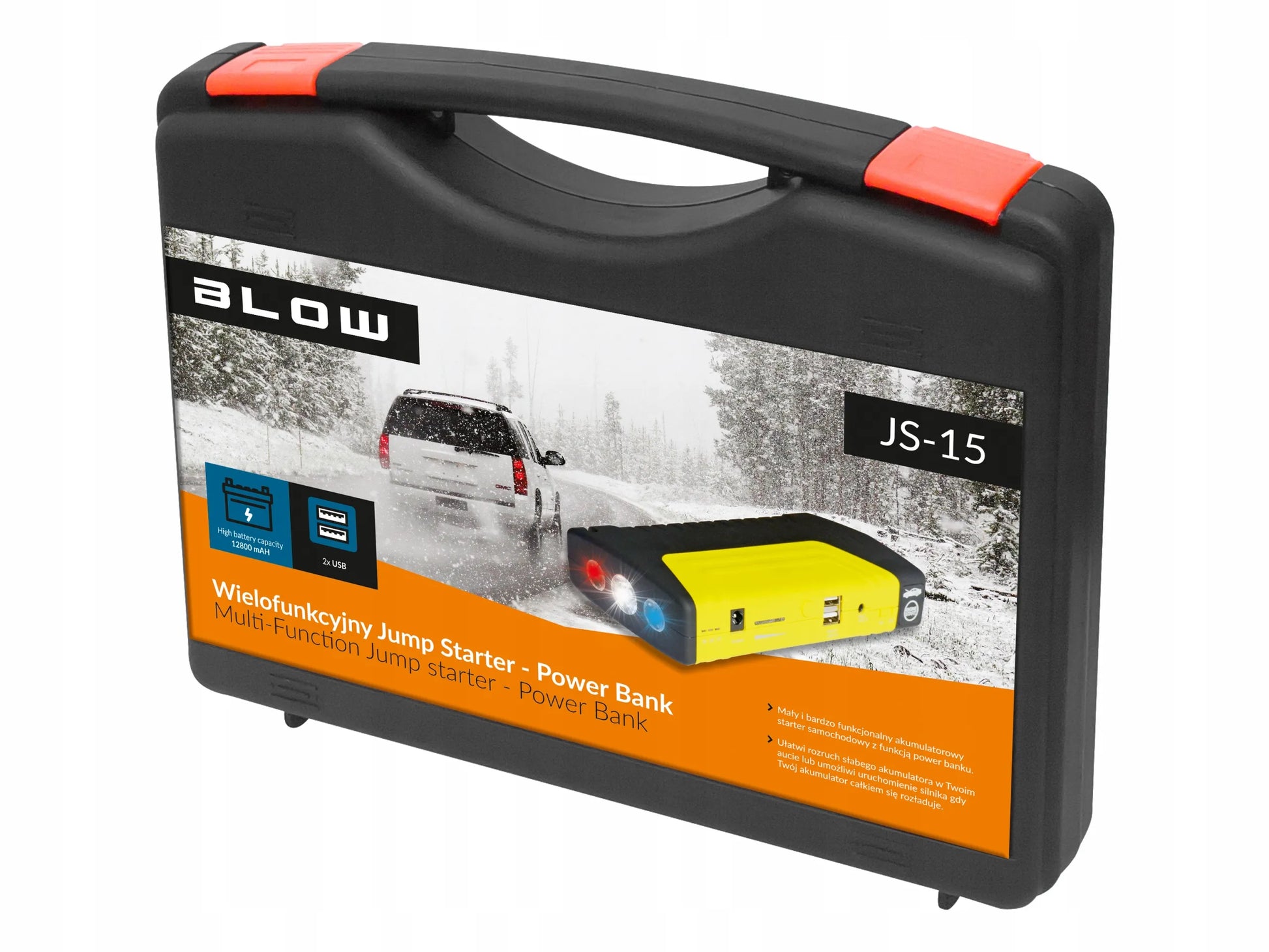 BLOW JS-15 automobilio užvedimo įrenginys su powerbank funkcija, žibintuvėliu ir saugos plaktuku, 12800 mAh