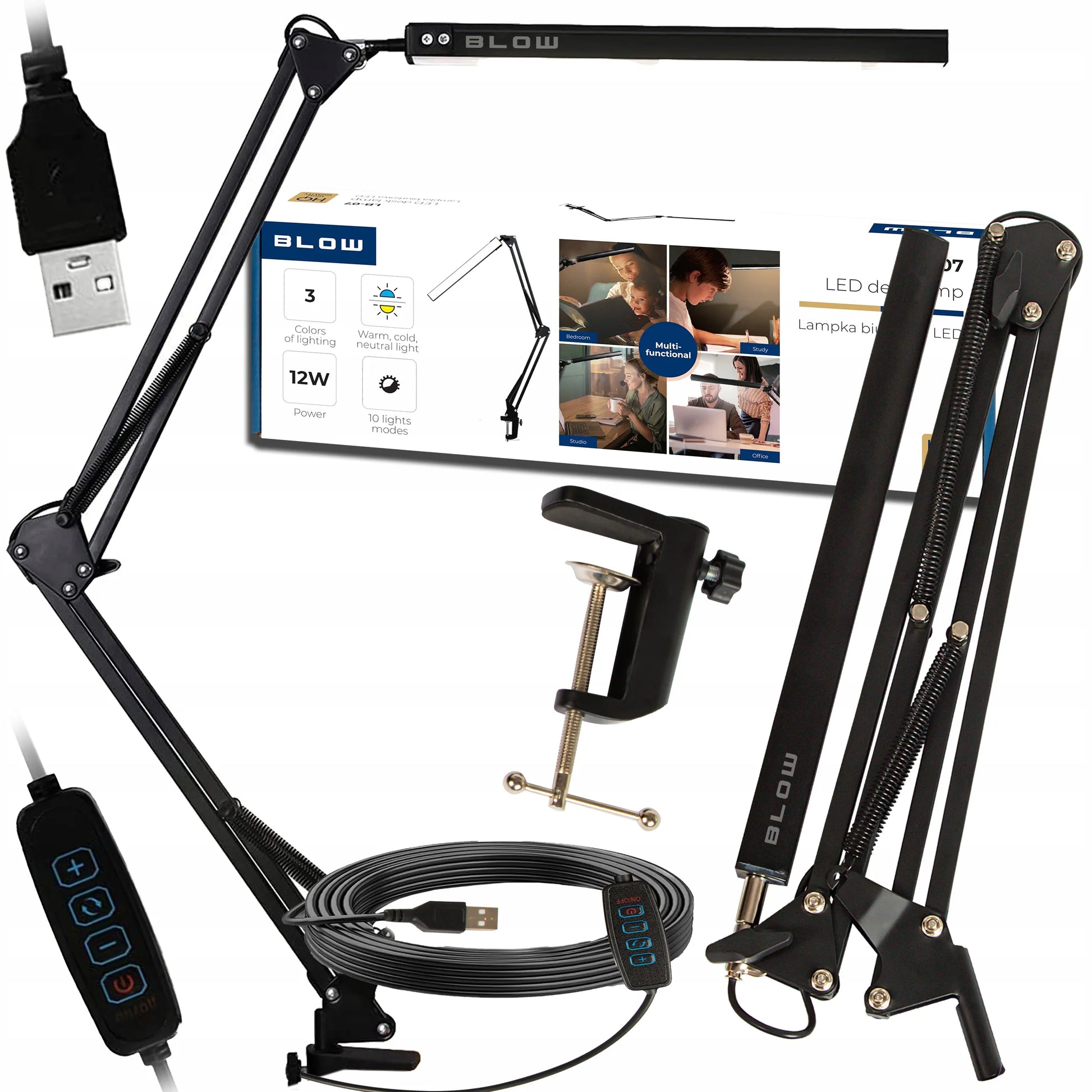 BLOW LED stalinė lempa, braižytojo šviestuvas su spaustuku, reguliuojama, 3 šviesos spalvos