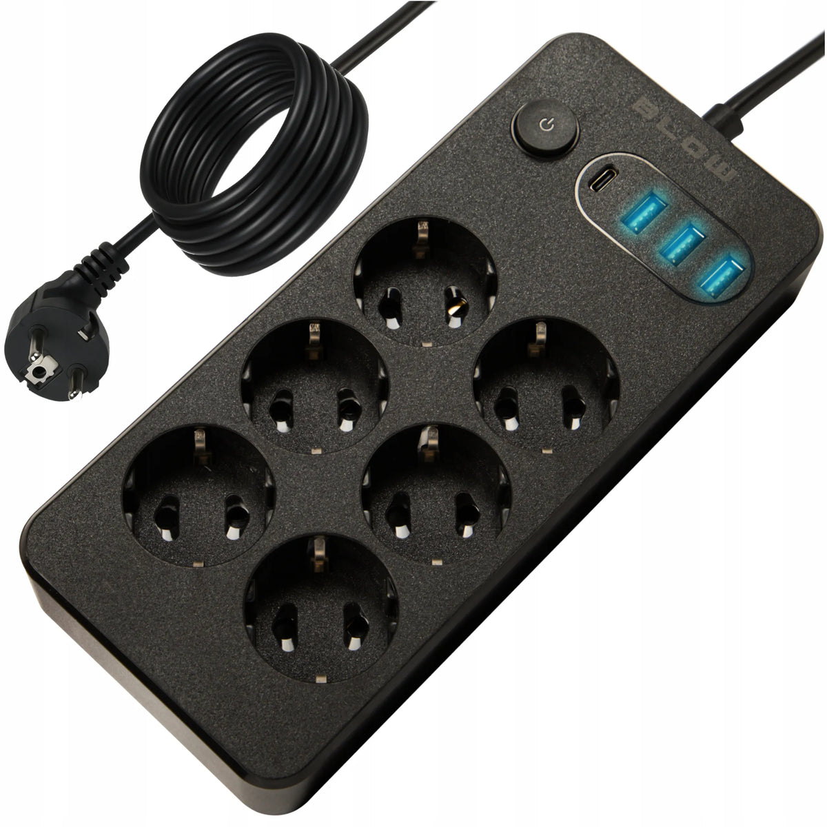 BLOW maitinimo ilgintuvas su jungikliu, 3 USB ir USB-C jungtimis, 6 lizdai, 5 m