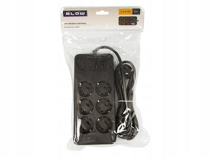BLOW maitinimo ilgintuvas su jungikliu, 3 USB ir USB-C jungtimis, 6 lizdai, 5 m
