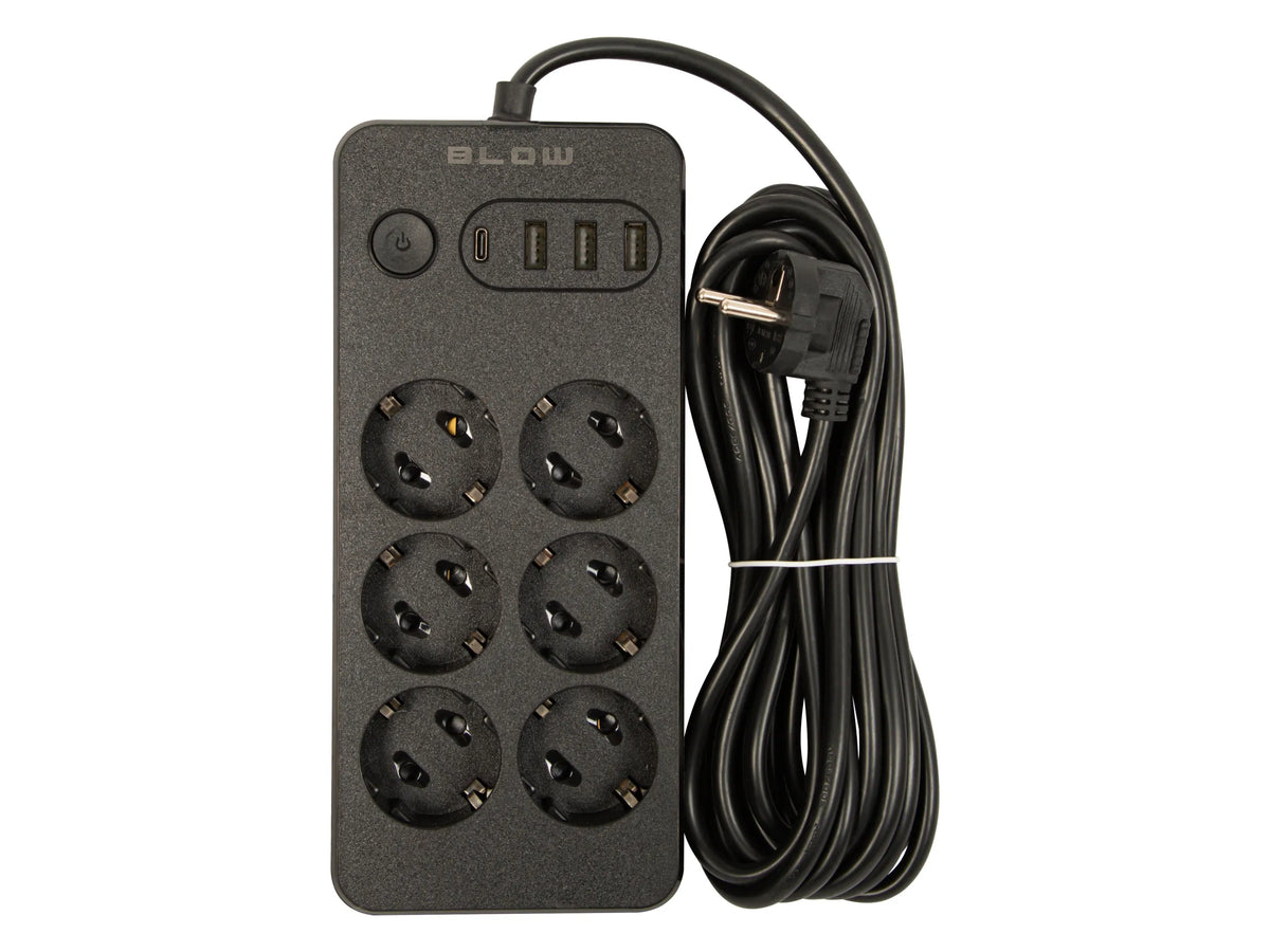 BLOW maitinimo ilgintuvas su jungikliu, 3 USB ir USB-C jungtimis, 6 lizdai, 5 m