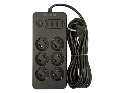 BLOW maitinimo ilgintuvas su jungikliu, 3 USB ir USB-C jungtimis, 6 lizdai, 5 m
