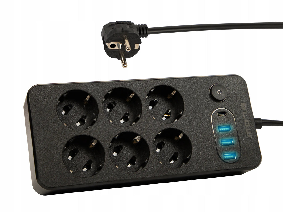 BLOW maitinimo ilgintuvas su jungikliu, 3 USB ir USB-C jungtimis, 6 lizdai, 5 m