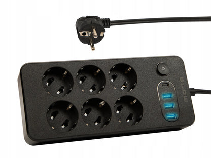 BLOW maitinimo ilgintuvas su jungikliu, 3 USB ir USB-C jungtimis, 6 lizdai, 5 m