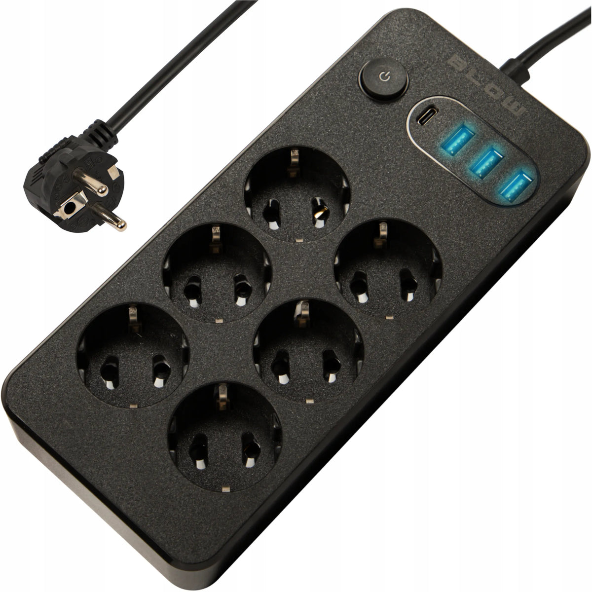BLOW maitinimo ilgintuvas su jungikliu, 3 USB ir USB-C jungtimis, 6 lizdai, 5 m