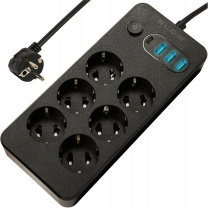 BLOW maitinimo ilgintuvas su jungikliu, 3 USB ir USB-C jungtimis, 6 lizdai, 5 m