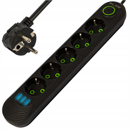 BLOW maitinimo prailgintuvas su jungikliu, 3x USB, 5 lizdai, 5 m, su įžeminimu, juodas