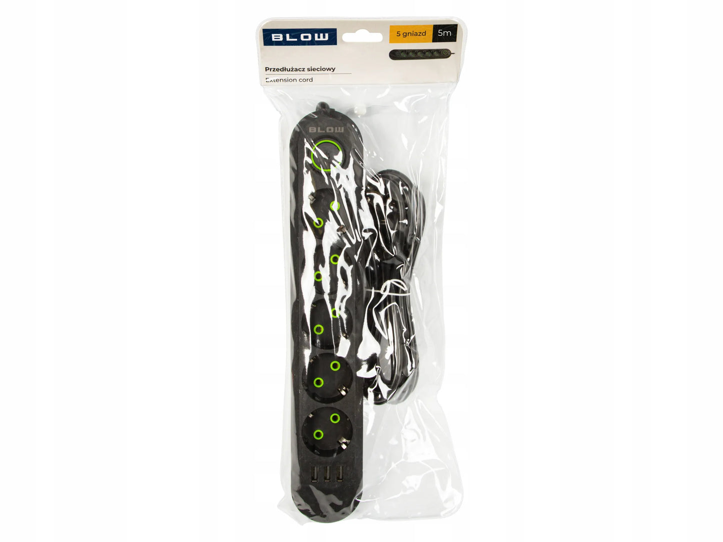 BLOW maitinimo prailgintuvas su jungikliu, 3x USB, 5 lizdai, 5 m, su įžeminimu, juodas