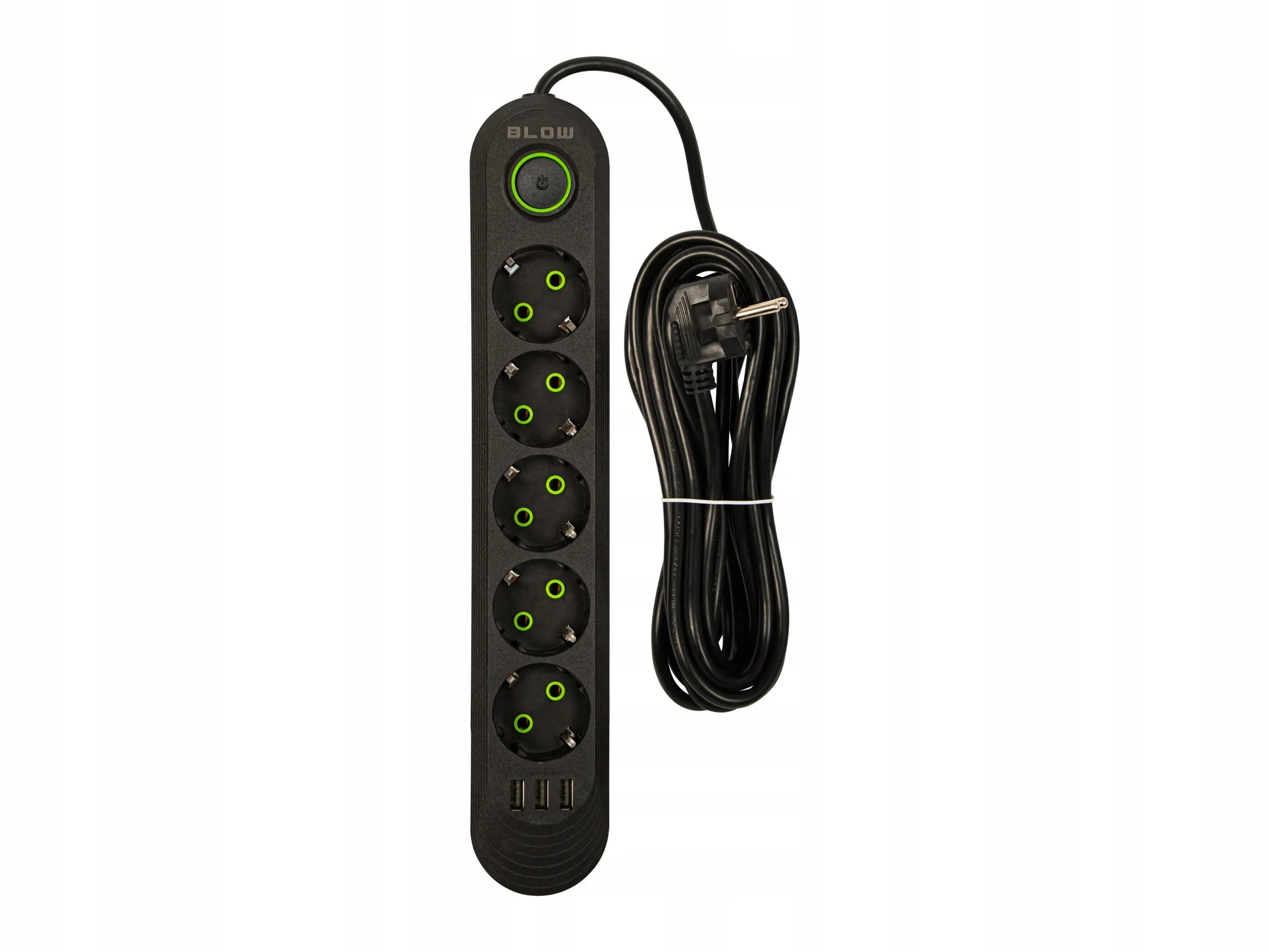 BLOW maitinimo prailgintuvas su jungikliu, 3x USB, 5 lizdai, 5 m, su įžeminimu, juodas
