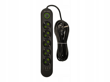 BLOW maitinimo prailgintuvas su jungikliu, 3x USB, 5 lizdai, 5 m, su įžeminimu, juodas