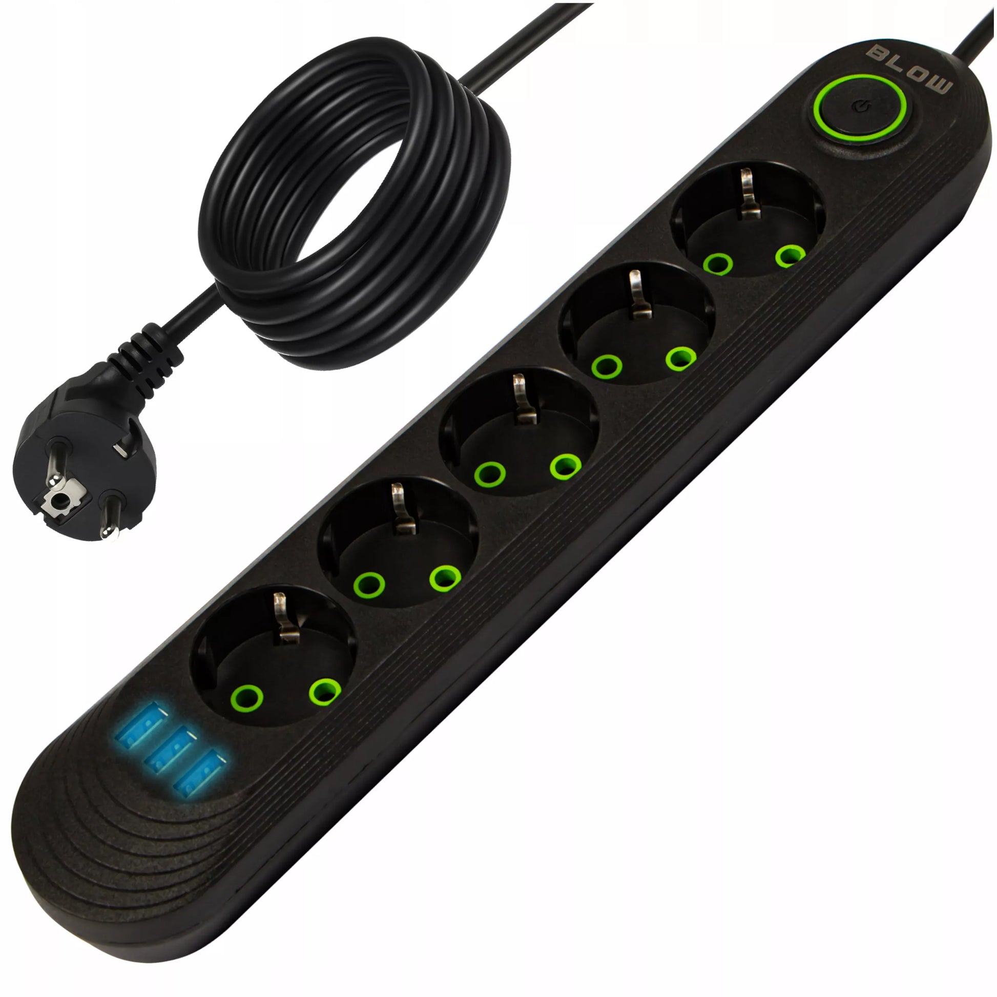 BLOW maitinimo prailgintuvas su jungikliu, 3x USB, 5 lizdai, 5 m, su įžeminimu, juodas