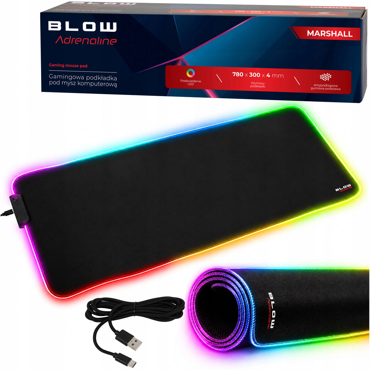 BLOW MARSHALL didelis LED RGB pelės kilimėlis, 780 × 300 mm