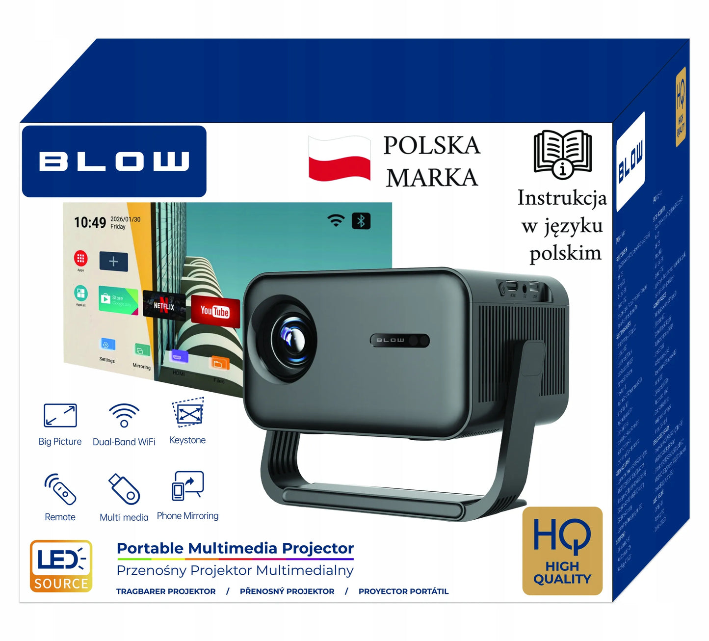 BLOW MaxView Black pasukamas LED projektorius su Android Smart TV, Wi-Fi, Full HD, garsiakalbiu ir HDMI