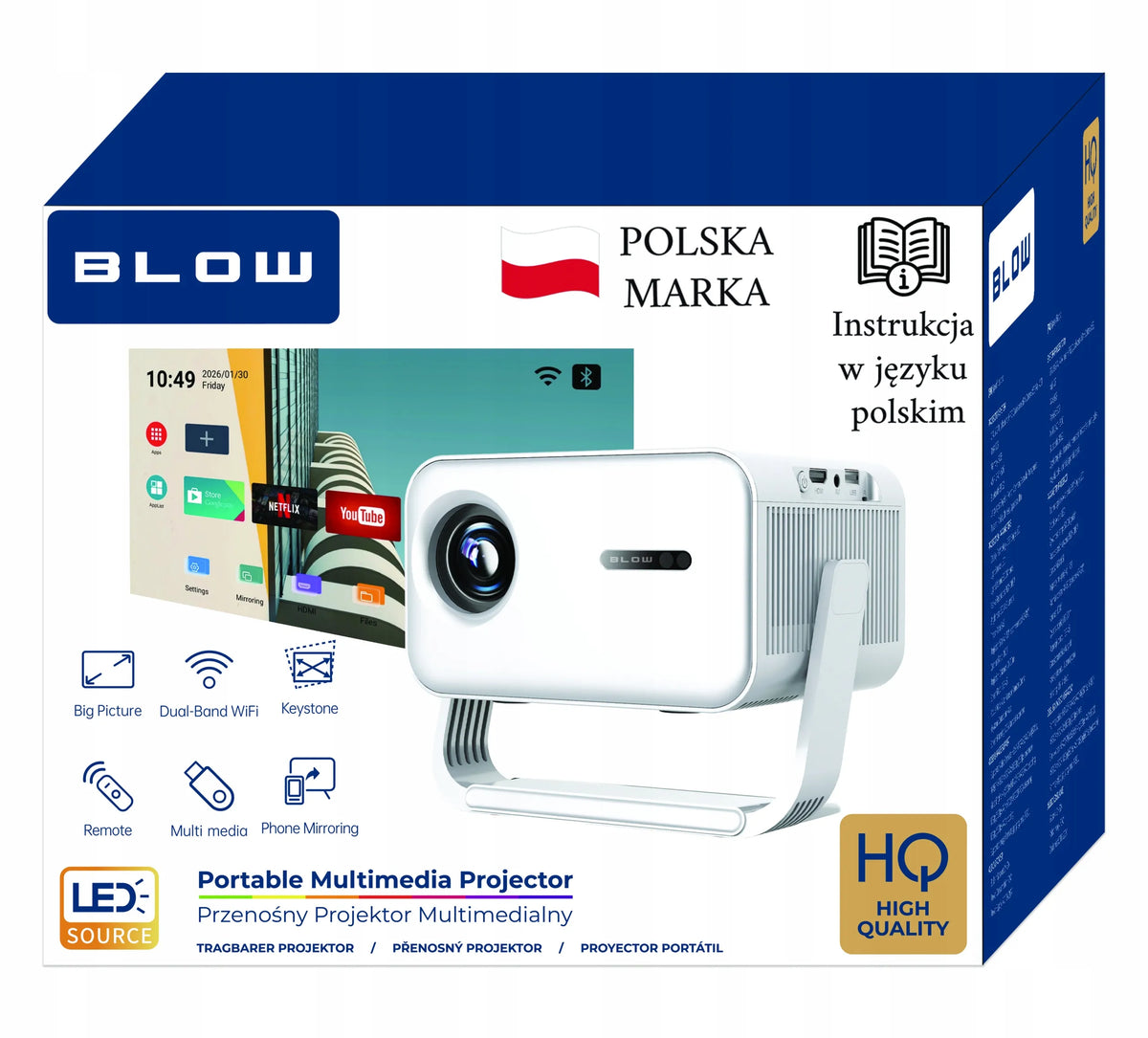 BLOW MaxView White pasukamas LED projektorius su garsiakalbiu, „Android“, HDMI, „Smart TV“, „Wi-Fi“, „Full HD“