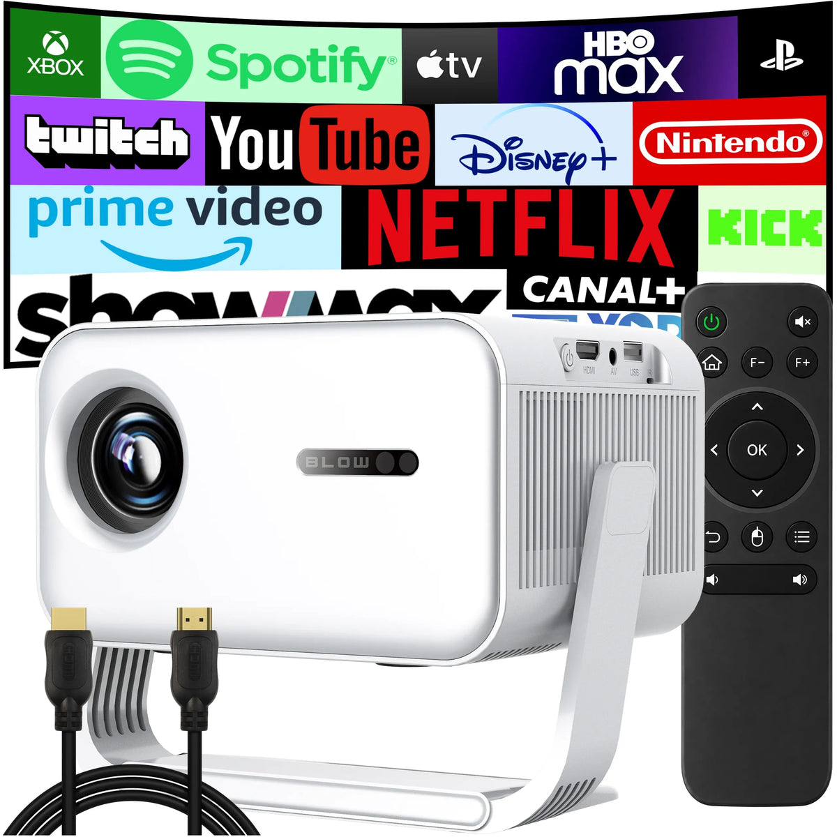 BLOW MaxView White pasukamas LED projektorius su garsiakalbiu, „Android“, HDMI, „Smart TV“, „Wi-Fi“, „Full HD“