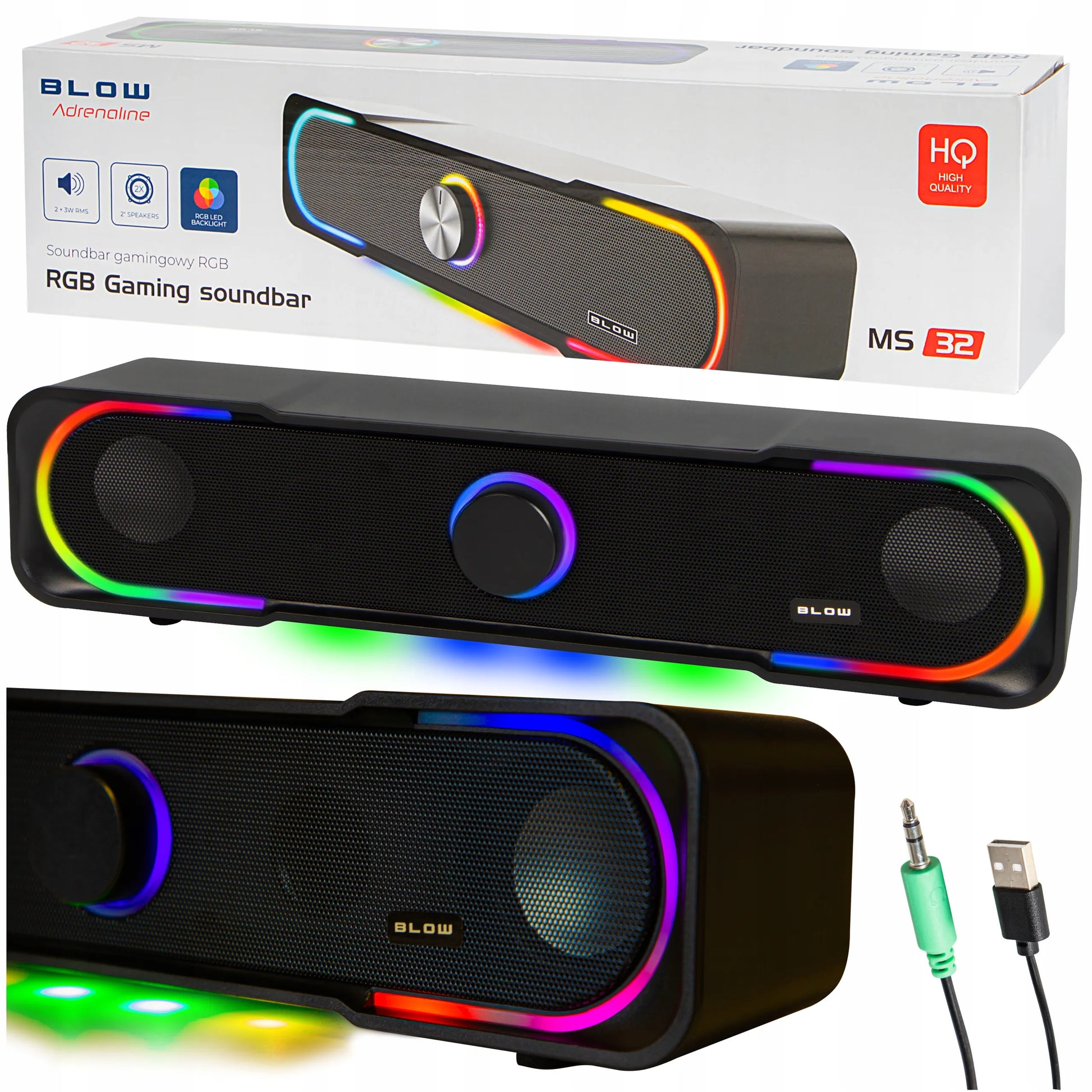 BLOW MS-32 2.0 kompiuterio soundbar kolonėlės su RGB LED apšvietimu, AUX ir USB