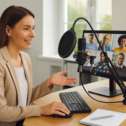 BLOW žaidimų kondensatorinis studijinis kompiuterio mikrofonas su stovu ir USB rinkiniu