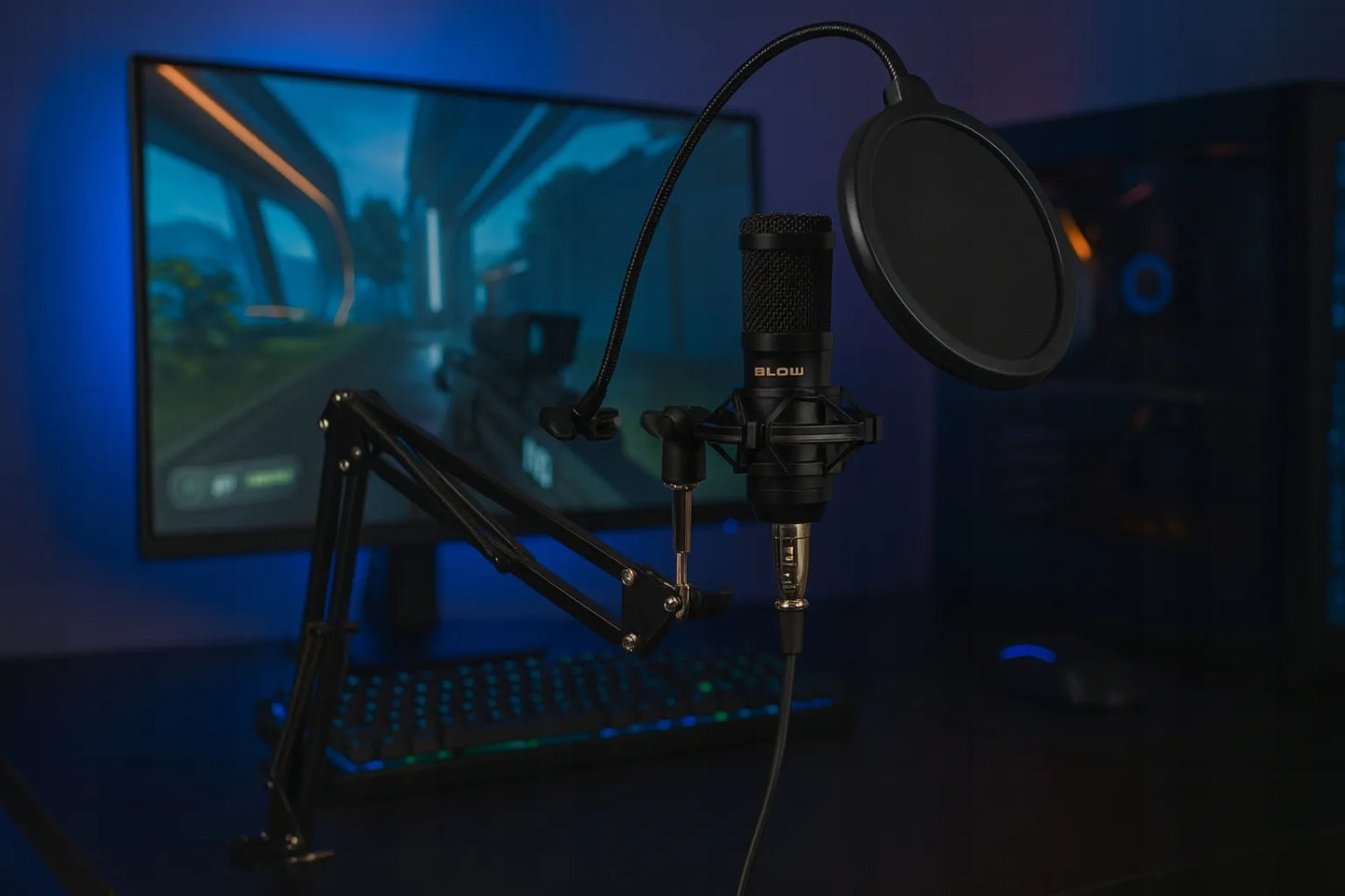 BLOW žaidimų kondensatorinis studijinis kompiuterio mikrofonas su stovu ir USB rinkiniu