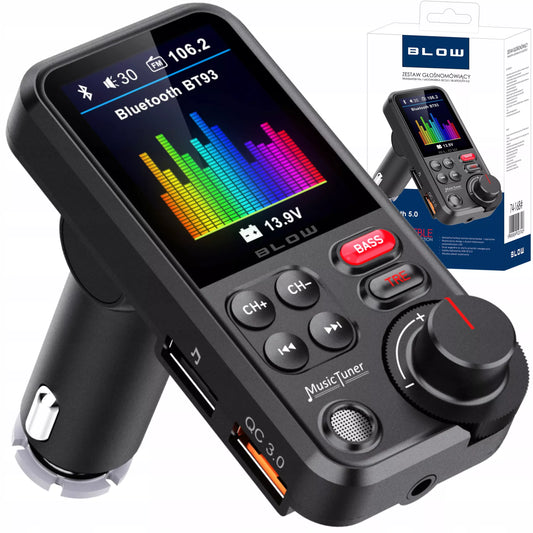 BLUETOOTH 5.0 FM SIŲSTUVAS LAISVŲ RANKŲ ĮRANGA QC3.0 SD BASS DIDELIS LCD 24V