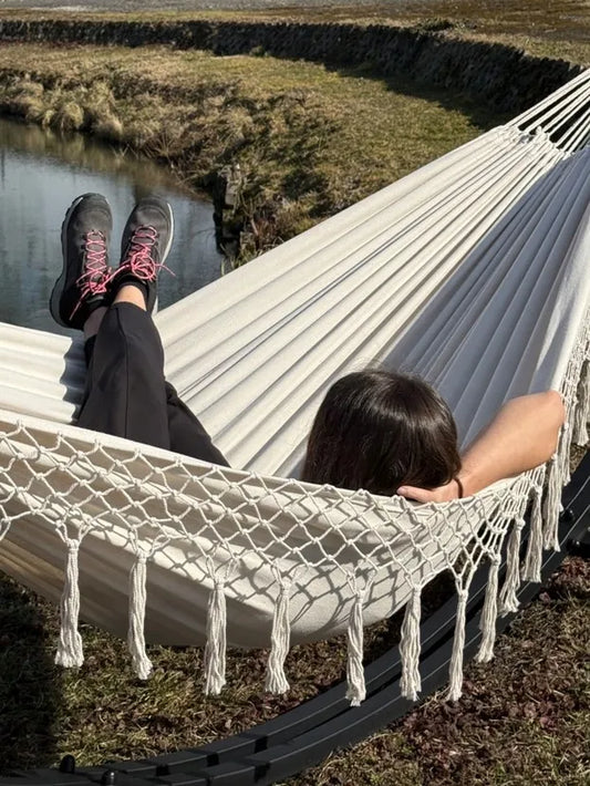 Boho hamakas SANTIA dvivietis klasikinis hamakas su kutais ecru DIDELIS POTENZA