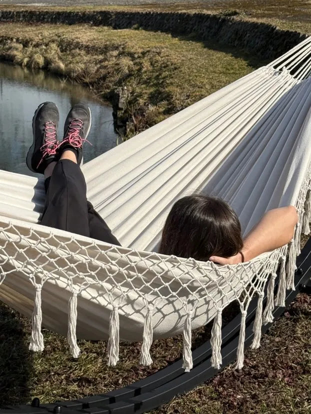 Boho hamakas SANTIA dvivietis klasikinis hamakas su kutais ecru DIDELIS POTENZA
