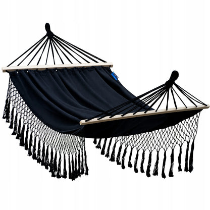Boho stiliaus sodo hamakas su kutais ir skersiniu, dvivietis Santia 220x160cm, juodas, POTENZA