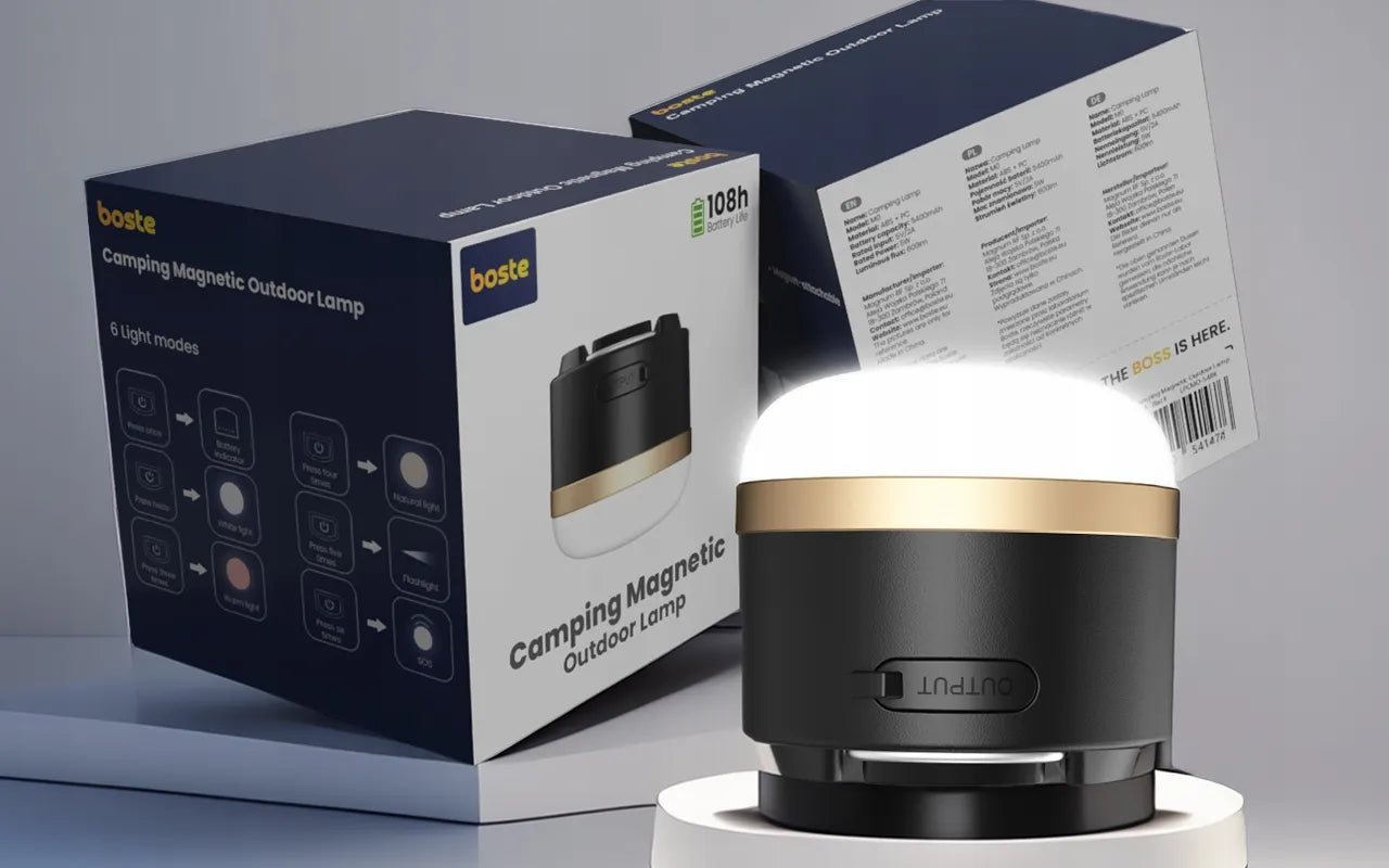 Boste belaidė LED stovyklavimo lempa, turistinis žibintuvėlis su powerbank funkcija