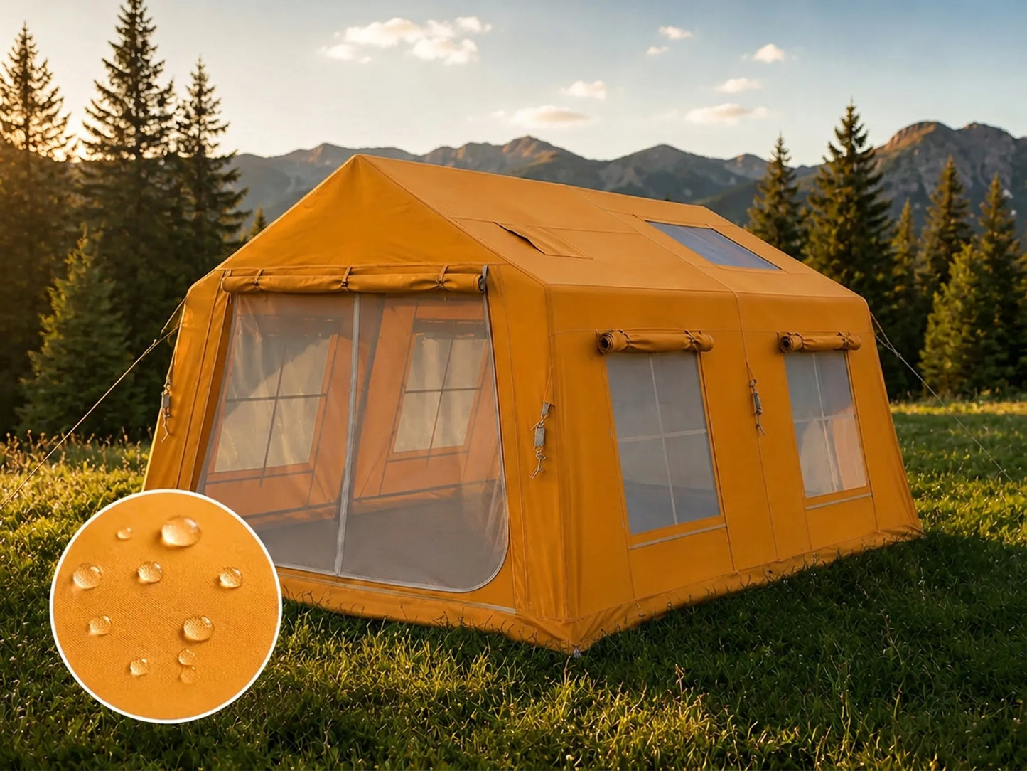 Boste Campo AirCab XL pripučiama kempingo ir glampingo palapinė 10-12 vietų su erdviu prieangiu