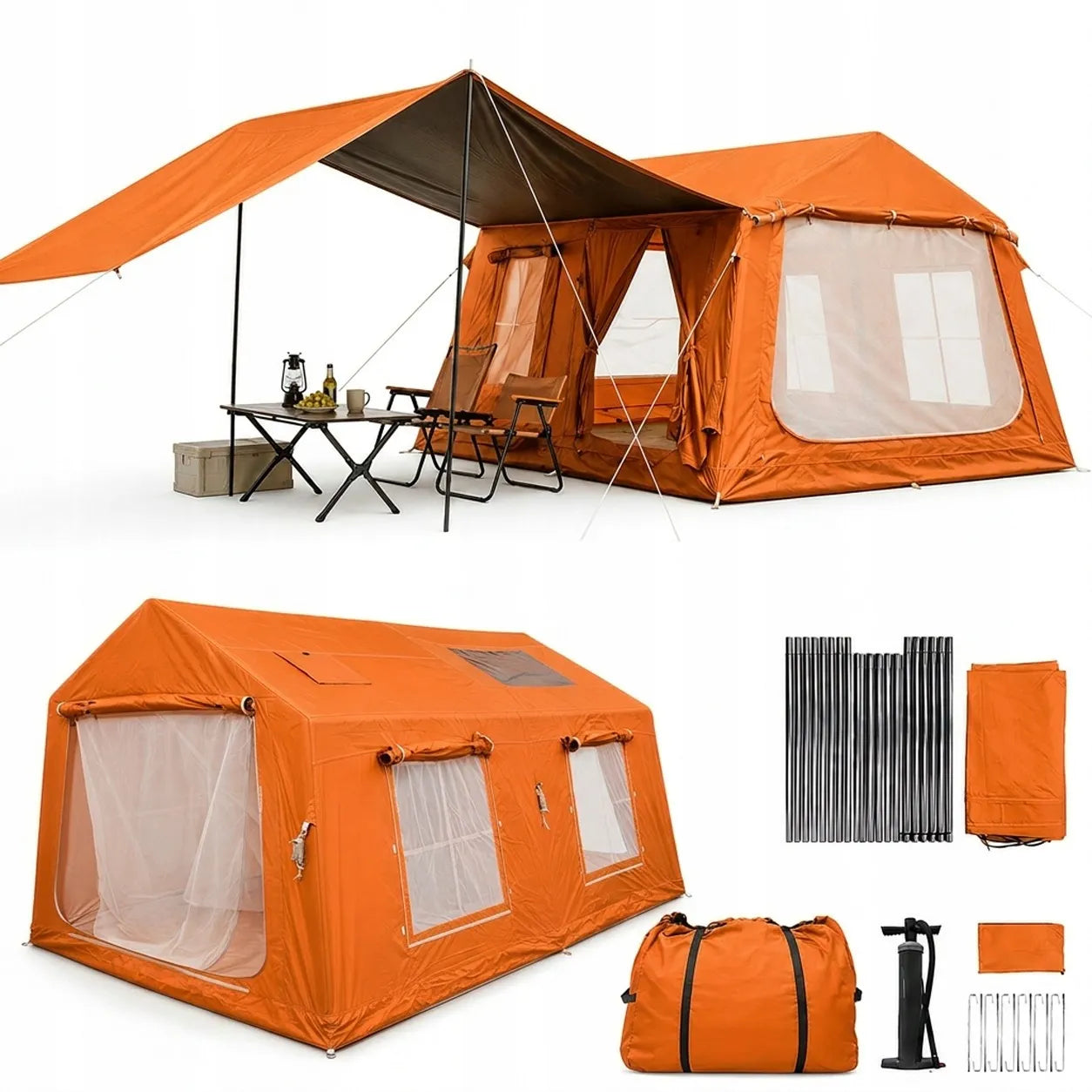 Boste Campo AirCab XL pripučiama kempingo ir glampingo palapinė 10-12 vietų su erdviu prieangiu