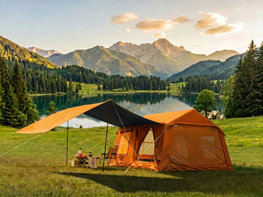 Boste Campo AirCab XL pripučiama kempingo ir glampingo palapinė 10-12 vietų su erdviu prieangiu