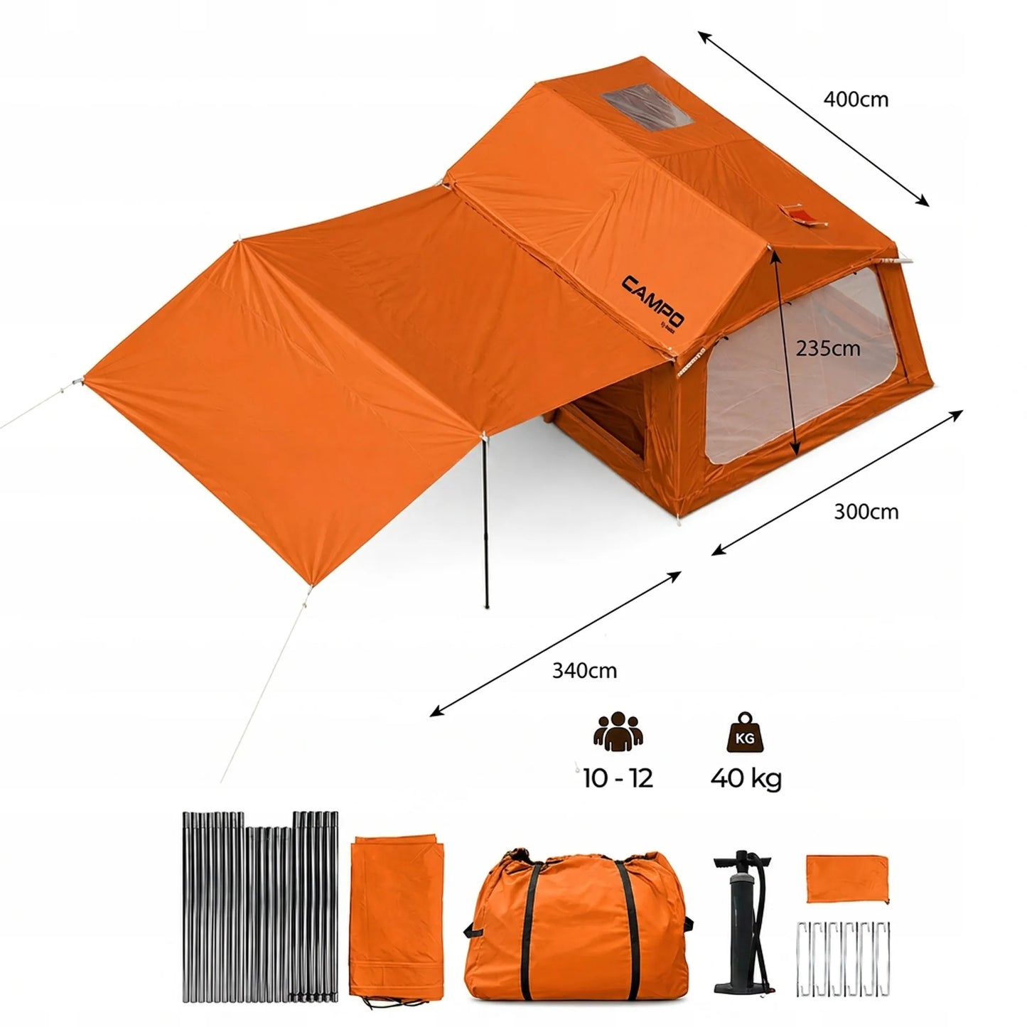 Boste Campo AirCab XL pripučiama kempingo ir glampingo palapinė 10-12 vietų su erdviu prieangiu