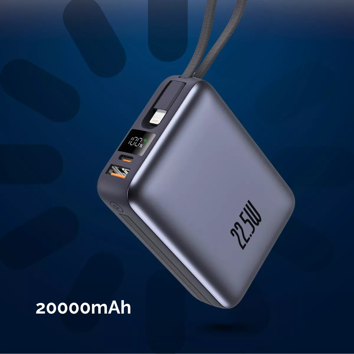 Boste išorinė baterija (power bank) 20000 mAh 22.5W su įmontuotais USB-C, Lightning laidais PD QC