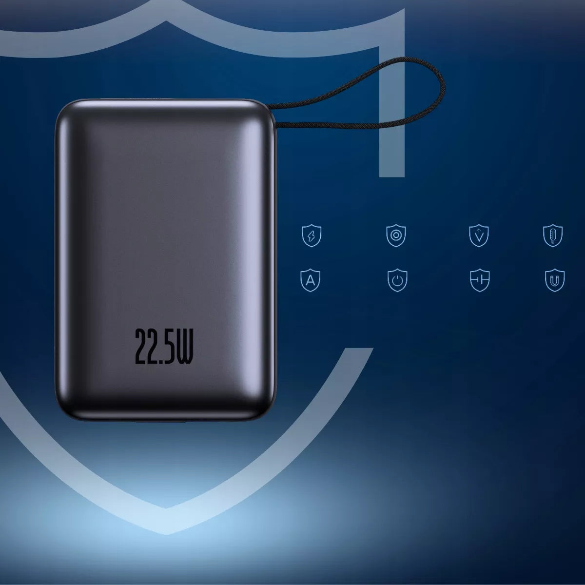 Boste išorinė baterija (power bank) 20000 mAh 22.5W su įmontuotais USB-C, Lightning laidais PD QC