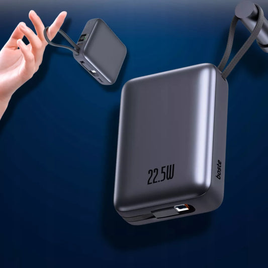 Boste išorinė baterija (power bank) 20000 mAh 22.5W su įmontuotais USB-C, Lightning laidais PD QC