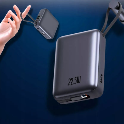 Boste išorinė baterija (power bank) 20000 mAh 22.5W su įmontuotais USB-C, Lightning laidais PD QC