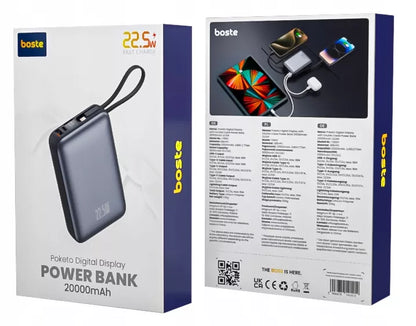 Boste išorinė baterija (power bank) 20000 mAh 22.5W su įmontuotais USB-C, Lightning laidais PD QC