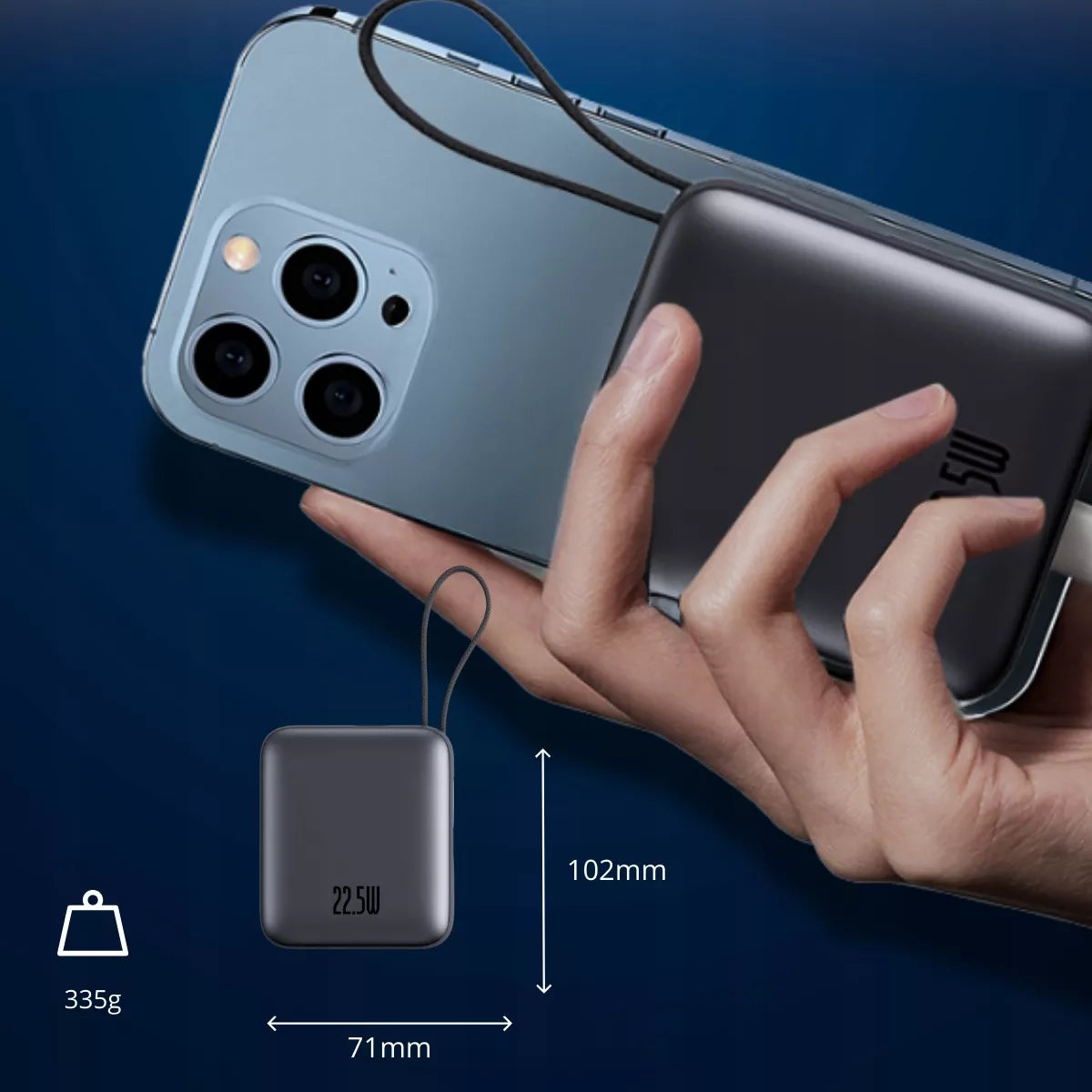 Boste išorinė baterija (power bank) 20000 mAh 22.5W su įmontuotais USB-C, Lightning laidais PD QC