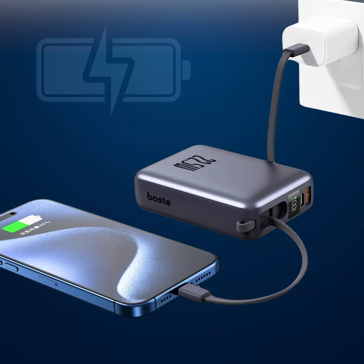 Boste išorinė baterija (power bank) 20000 mAh 22.5W su įmontuotais USB-C, Lightning laidais PD QC