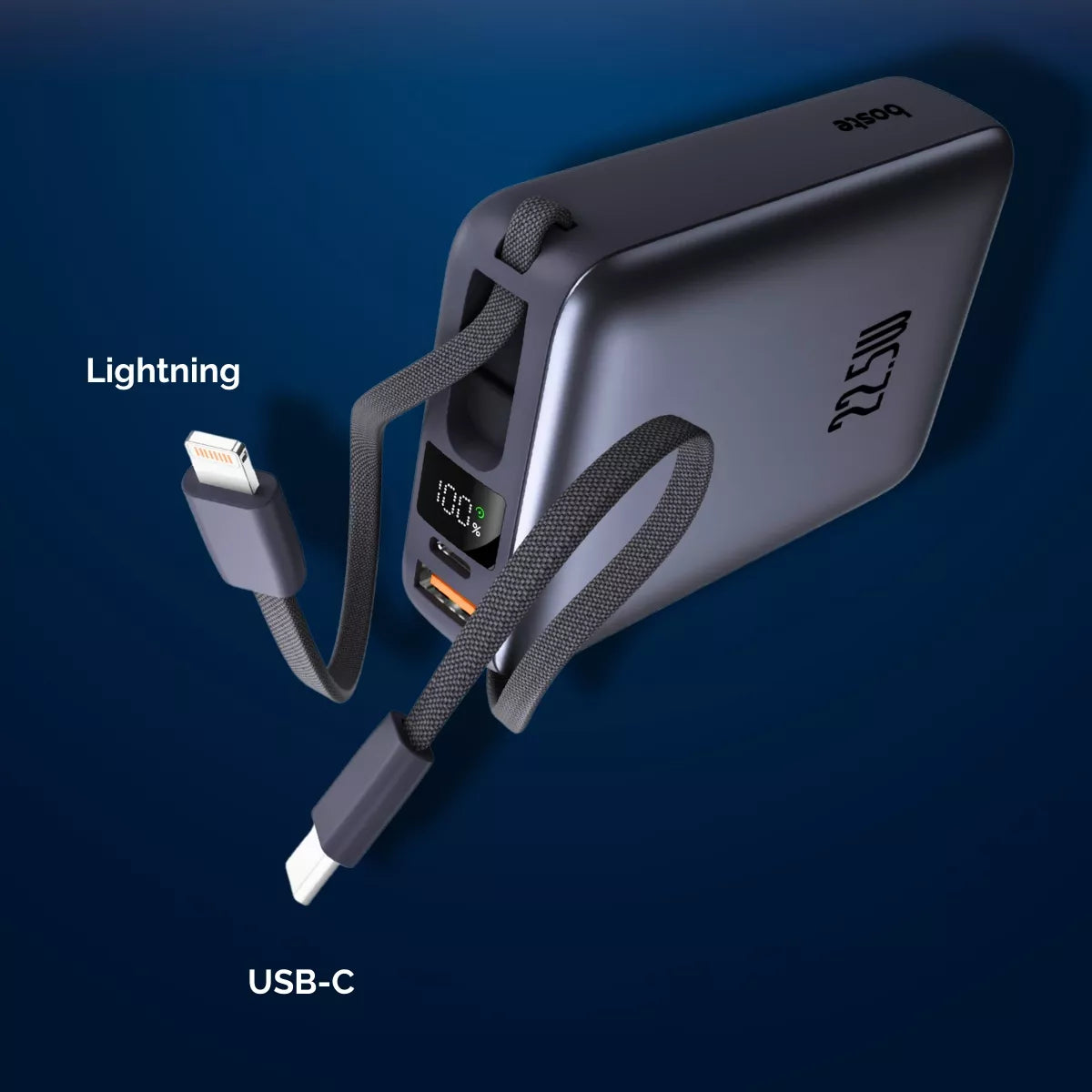 Boste išorinė baterija (power bank) 20000 mAh 22.5W su įmontuotais USB-C, Lightning laidais PD QC