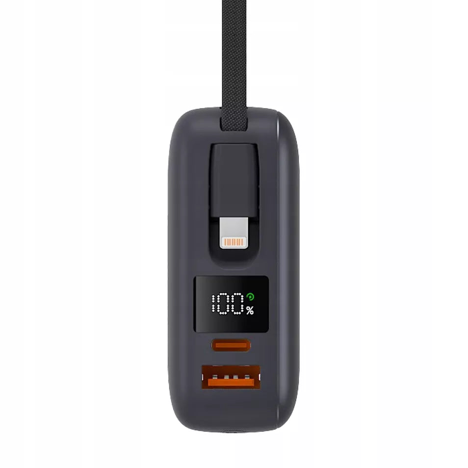 Boste išorinė baterija (power bank) 20000 mAh 22.5W su įmontuotais USB-C, Lightning laidais PD QC