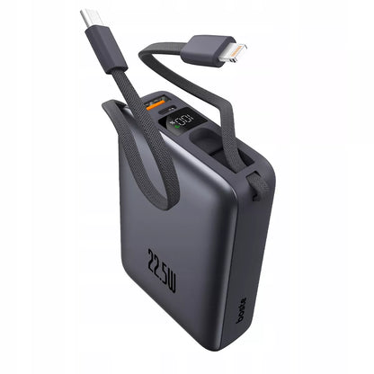 Boste išorinė baterija (power bank) 20000 mAh 22.5W su įmontuotais USB-C, Lightning laidais PD QC