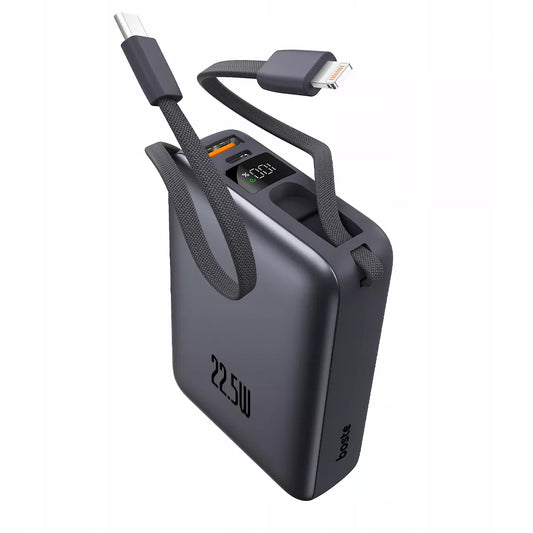Boste išorinė baterija (power bank) 20000 mAh 22.5W su įmontuotais USB-C, Lightning laidais PD QC