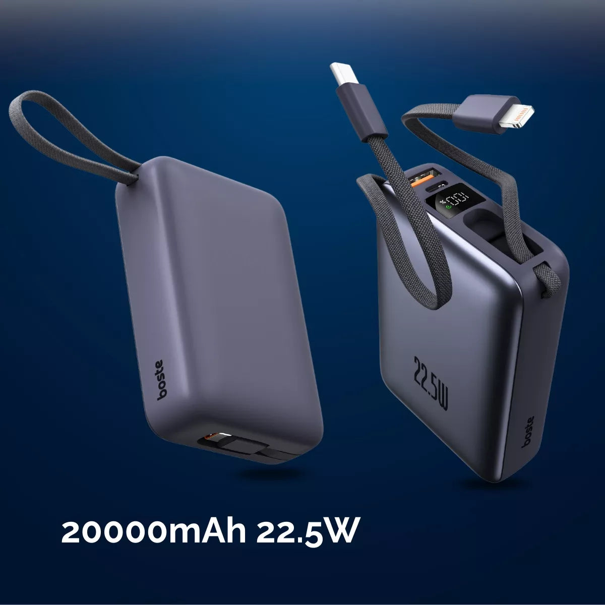 Boste išorinė baterija (power bank) 20000 mAh 22.5W su įmontuotais USB-C, Lightning laidais PD QC
