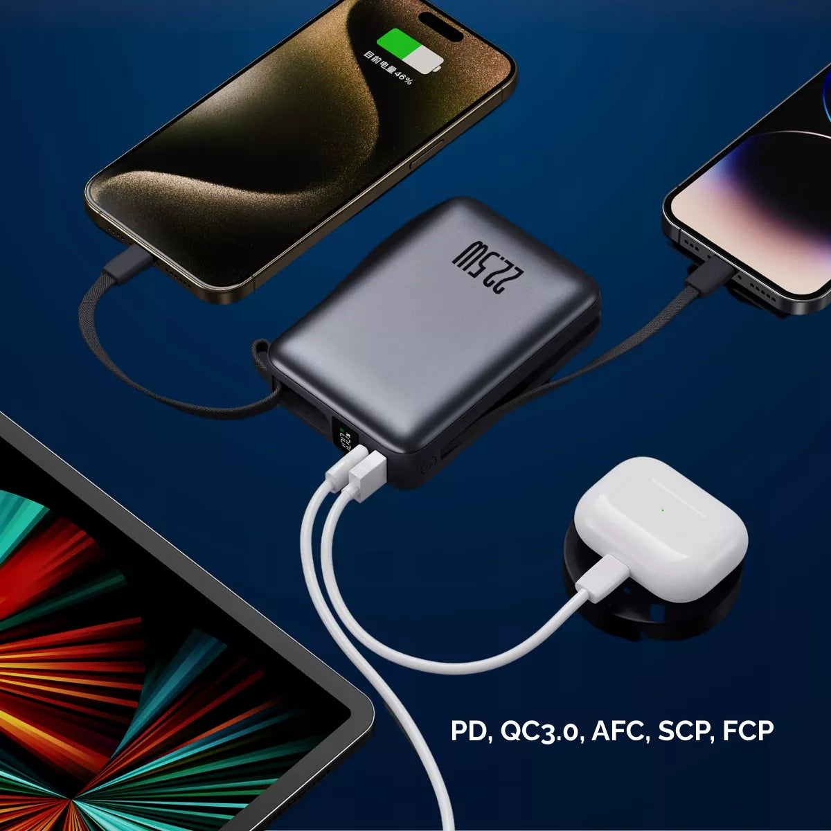 Boste išorinė baterija (power bank) 20000 mAh 22.5W su įmontuotais USB-C, Lightning laidais PD QC
