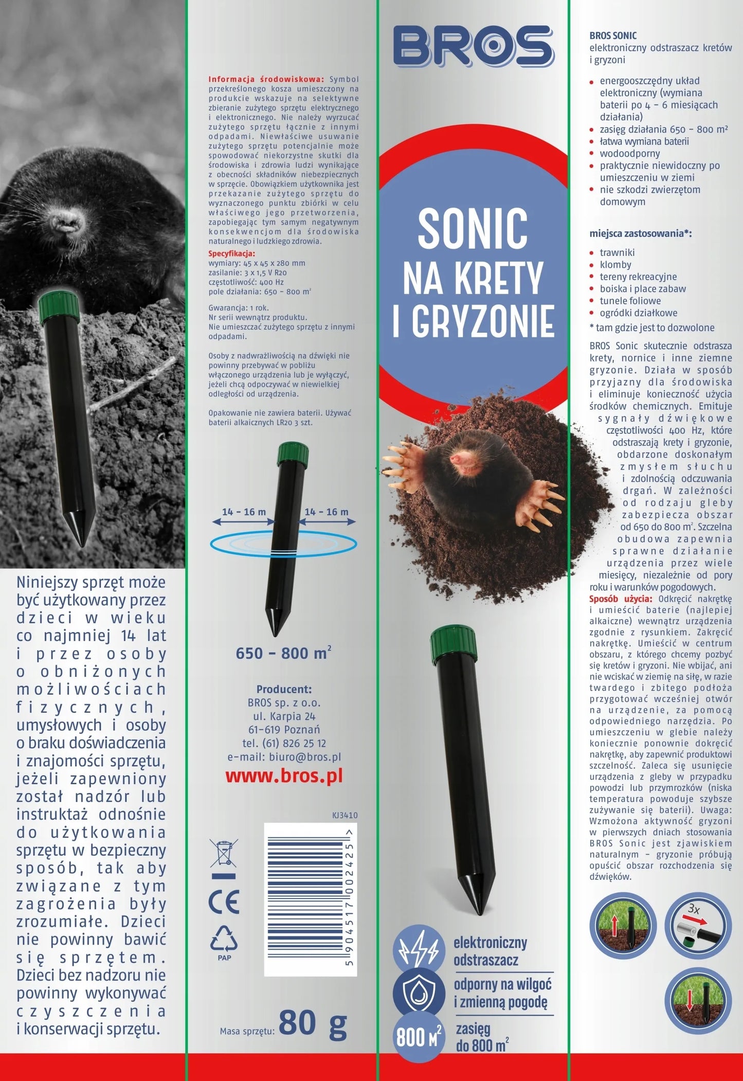 Bros Sonic ultragarsinis kurmių ir graužikų baidytuvas, veikimo spindulys 800 m², atsparus vandeniui
