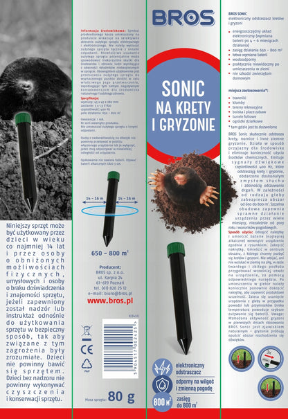 Bros Sonic ultragarsinis kurmių ir graužikų baidytuvas, veikimo spindulys 800 m², atsparus vandeniui
