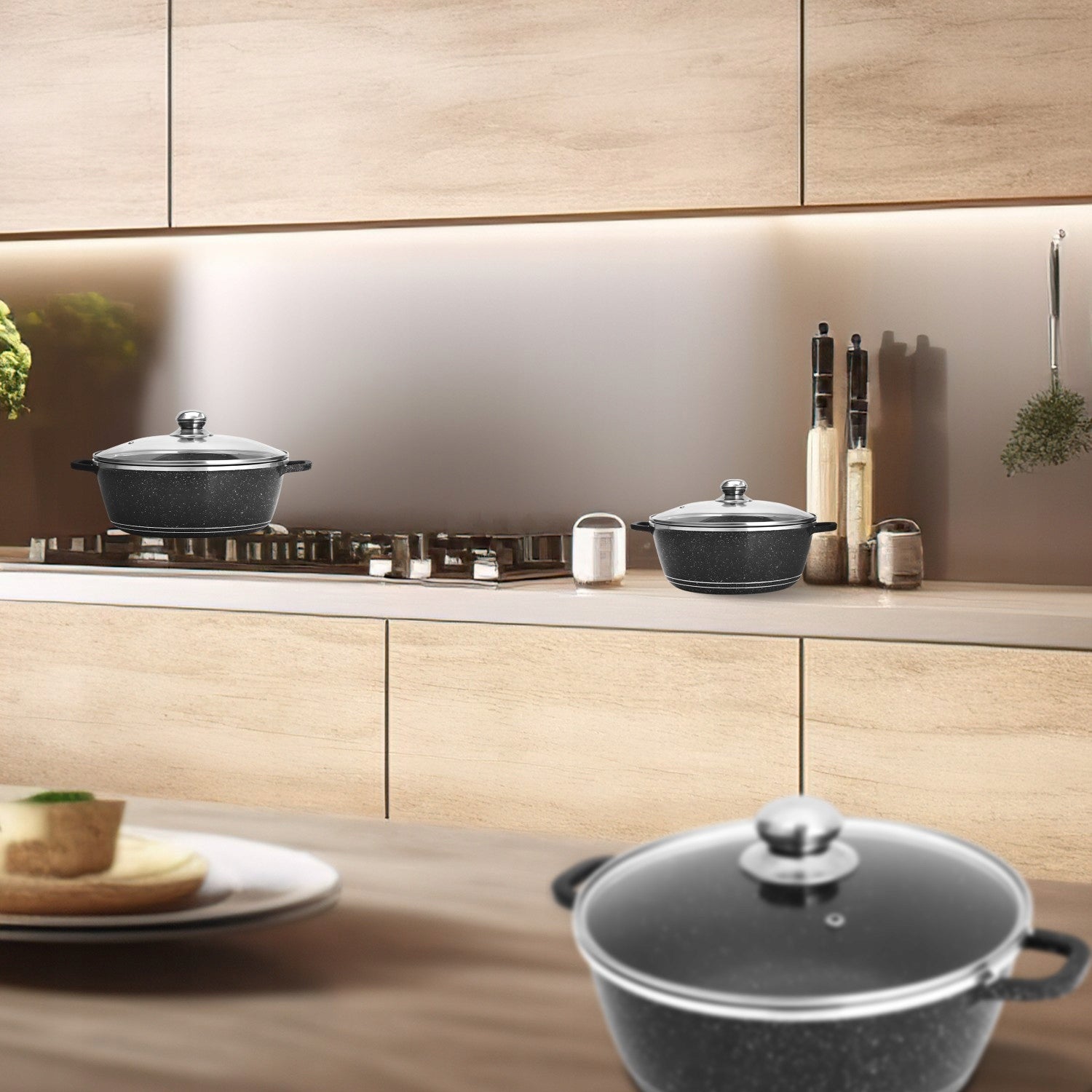 MARMURO PADENGIMO PUODŲ RINKINYS DUJINĖMS IR INDUKCINĖMS VIRYKLĖMS, 12 ELEMENTŲ, SU KELIAIS