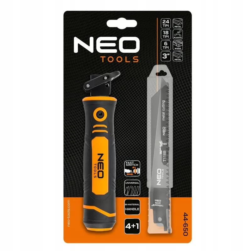 NEO Rankos pjūklas su 4 vnt. metalo/plastiko/medžio pjūklelių rinkiniu, 150 mm