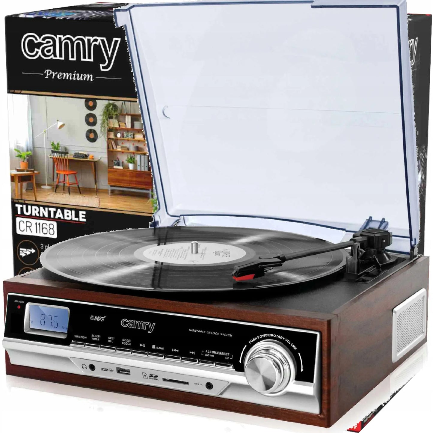 CAMRY CR 1168 patefonas su radijo imtuvu, „Bluetooth“, MP3, USB, SD ir įrašymo funkcija