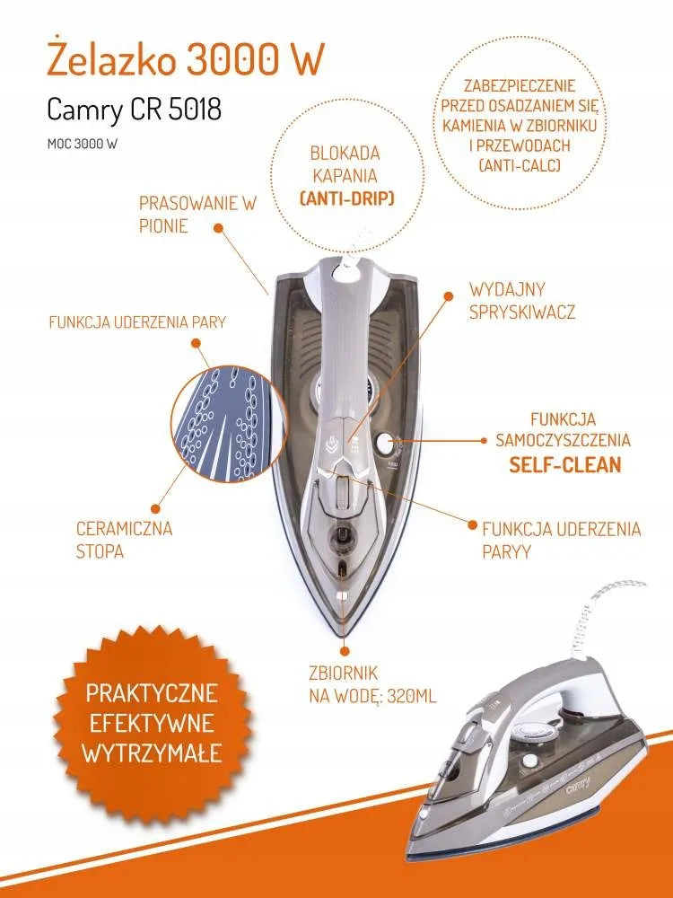 Camry CR 5018 savaime išsivalantis garinis lygintuvas su keraminiu padu, 3000 W, ANTI-DRIP, ANTI-CAL, automatinis išjungimas
